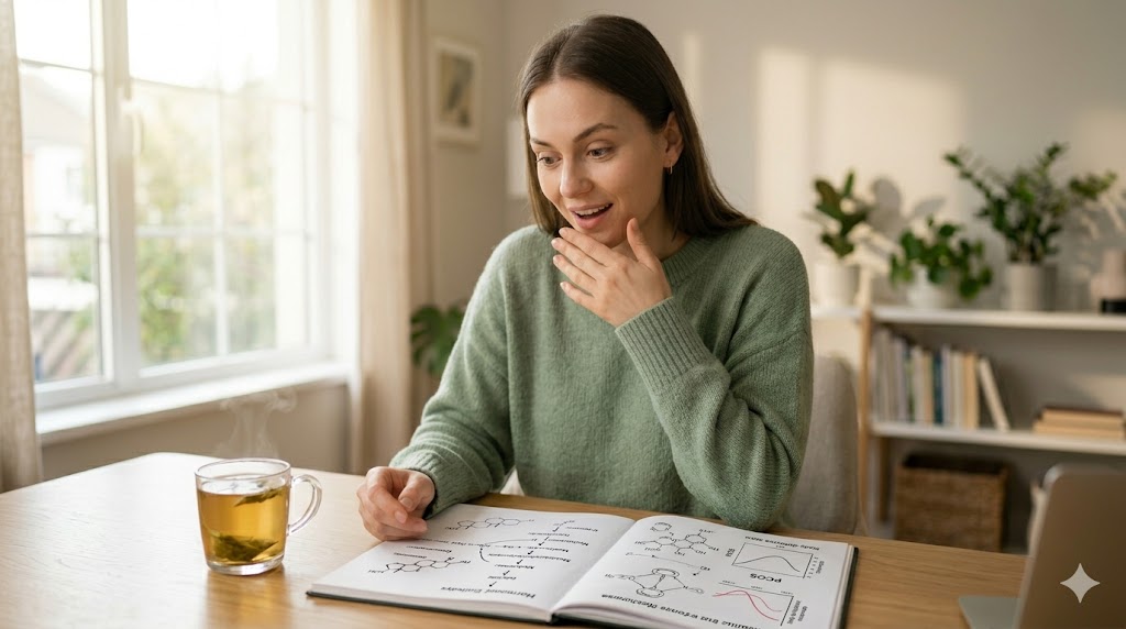 Mujer con expresión de sorpresa y alivio revisando diagramas hormonales y tomando un té