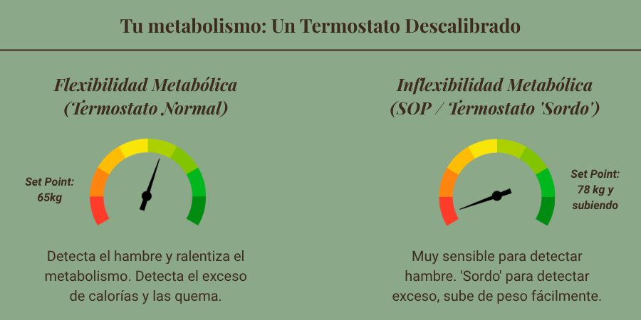 Diagrama que compara un metabolismo con flexibilidad vs. la inflexibilidad metabólica en el SOP, usando un termostato.