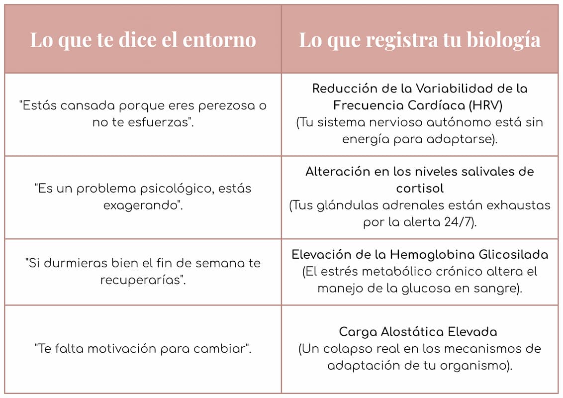 Tabla comparativa titulada "El Burnout del SOMP no es falta de voluntad: es medible". Contrasta las frases del entorno social frente a los marcadores biológicos reales: la reducción de la variabilidad cardíaca (HRV), la alteración del cortisol salival, la elevación de la hemoglobina glicosilada y el colapso por carga alostática elevada.
